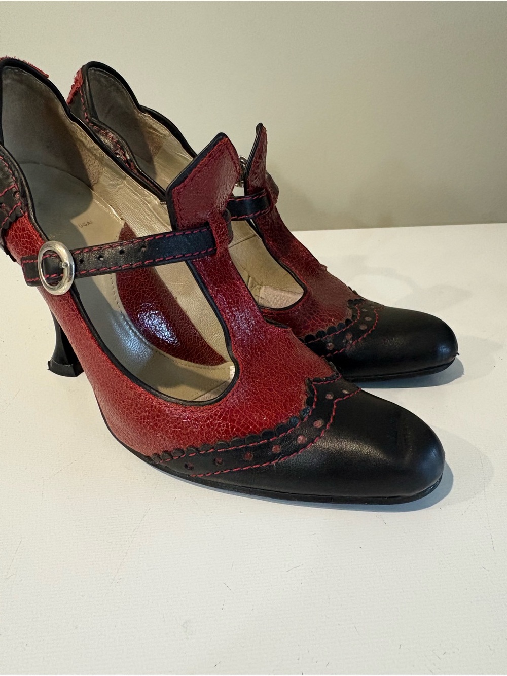 John Fluevog Red and Black T-Strap Brogue Heels